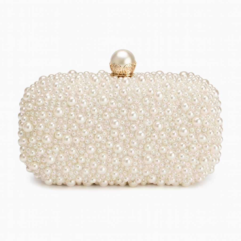 Pearl-beaded evening clutch with chain strap