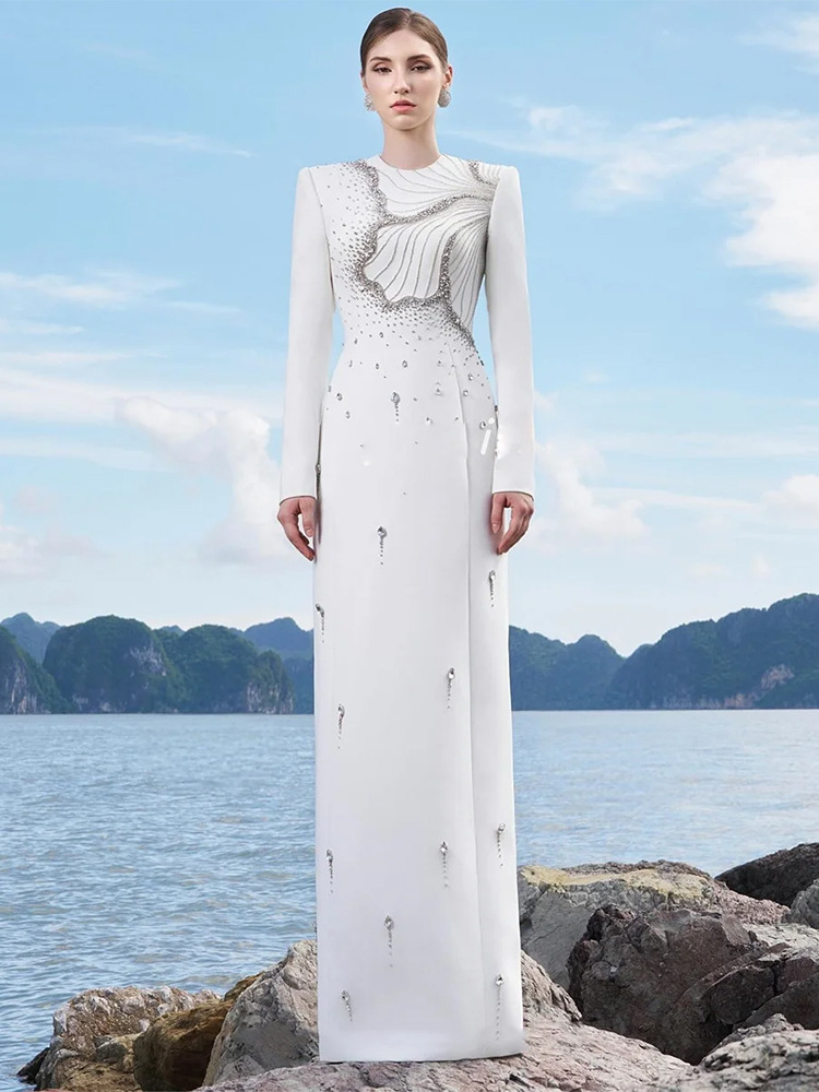 White Long-Sleeve Gown with Sculpted Embellished Bodice and Sleek Silhouette
