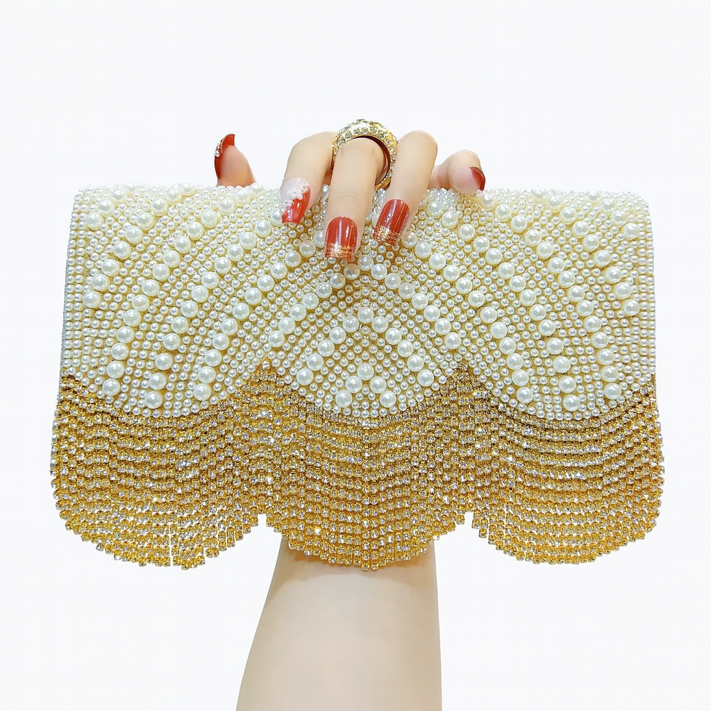 Pearl & Crystal Fringe Evening Clutch with Art Deco Detailing