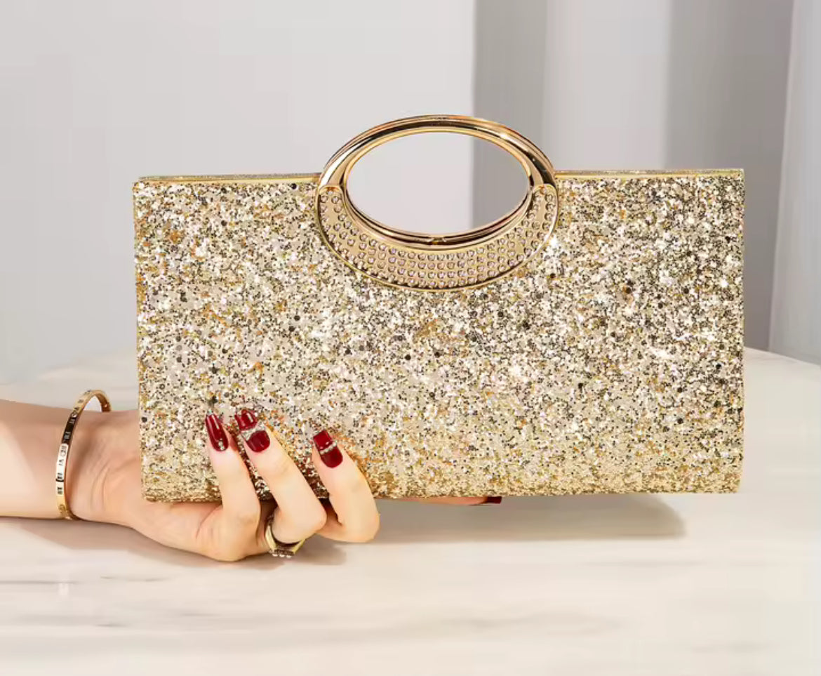 Gold Glitter Evening Clutch Bag with Elegant Round Handle