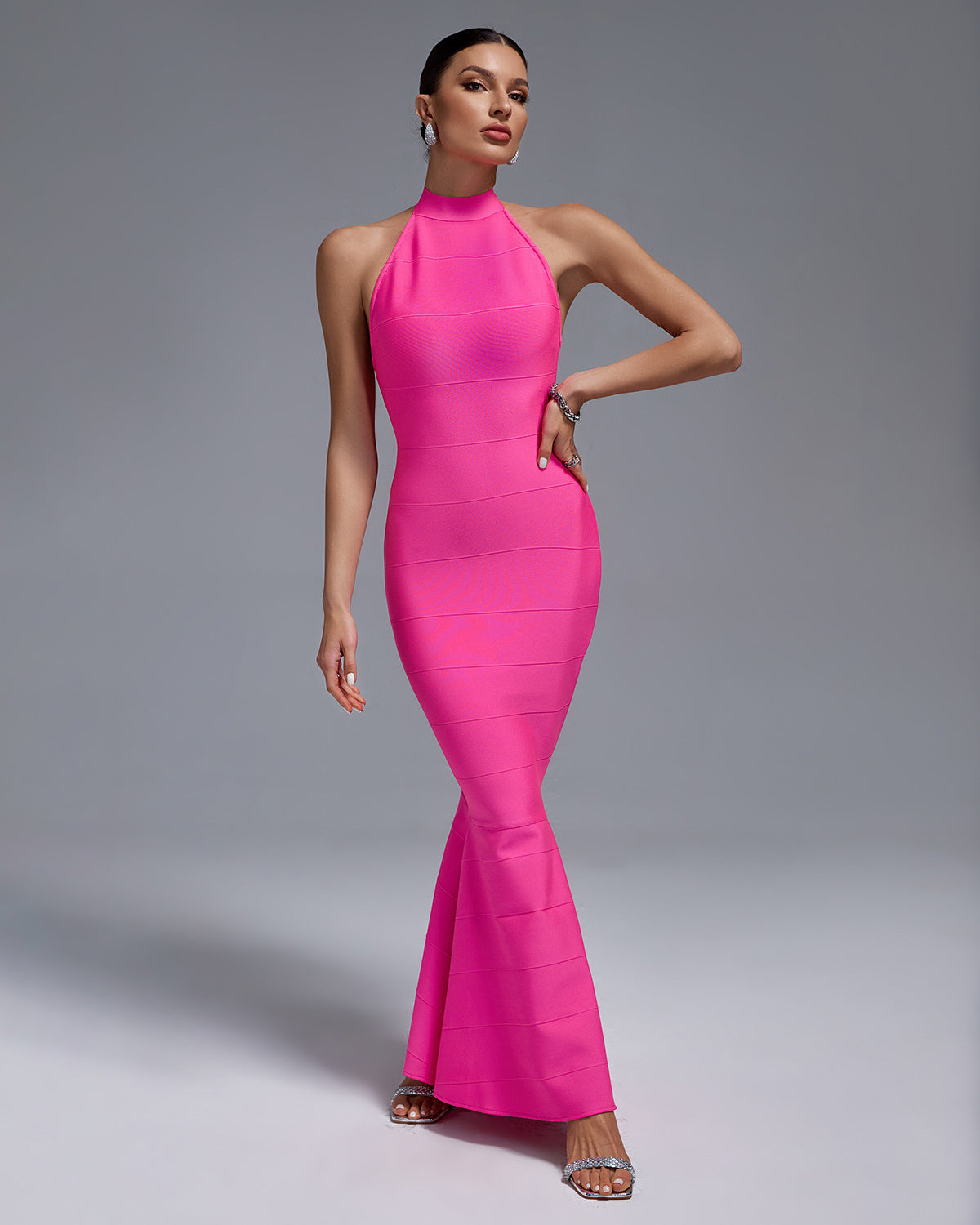 Hot Pink Halter Neck Bandage Maxi Dress