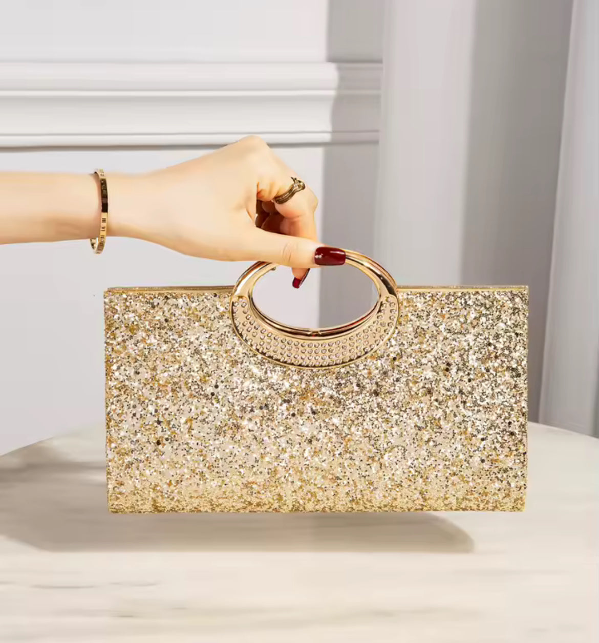 Gold Glitter Evening Clutch Bag with Elegant Round Handle