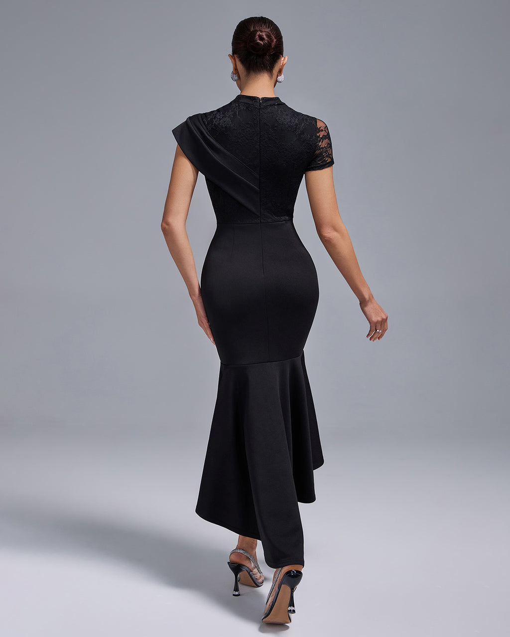 Black Lace Panel Asymmetric Midi Dress
