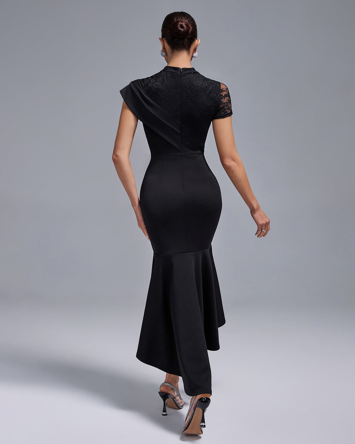 Black Lace Panel Asymmetric Midi Dress