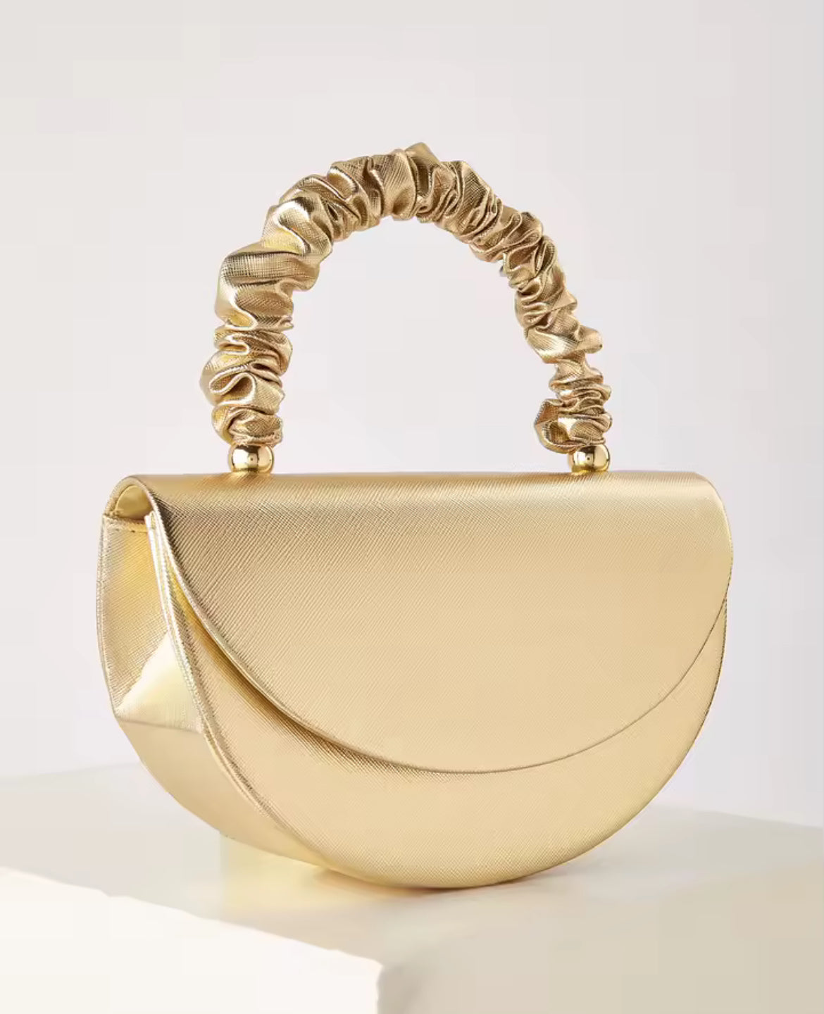 Gold Half-Moon Handbag – Elegant Ruched Handle Metallic Purse