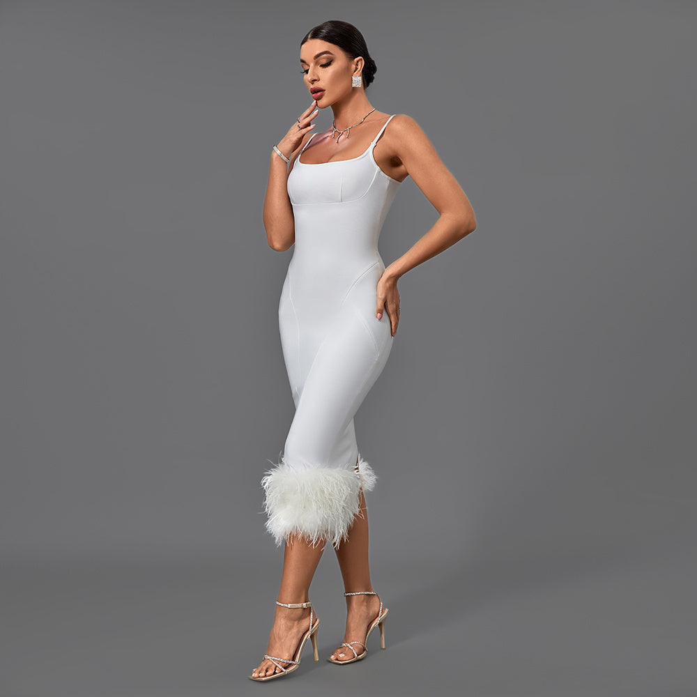 White Feather Hem Bodycon Midi Dress
