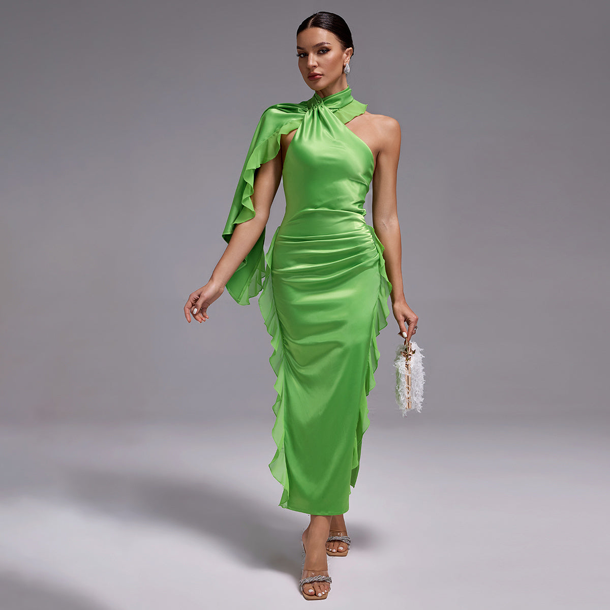 Green Satin One-Shoulder Ruffle Midi Dress