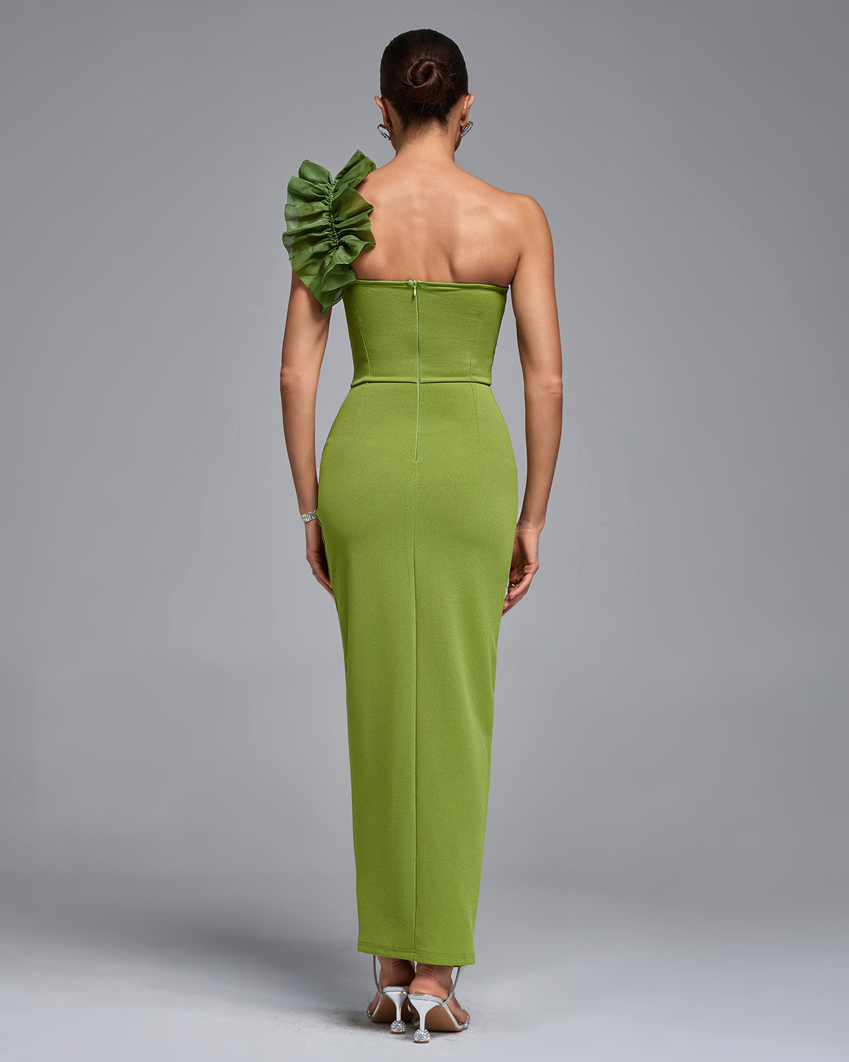 Green One-Shoulder Ruffle Midi Dress