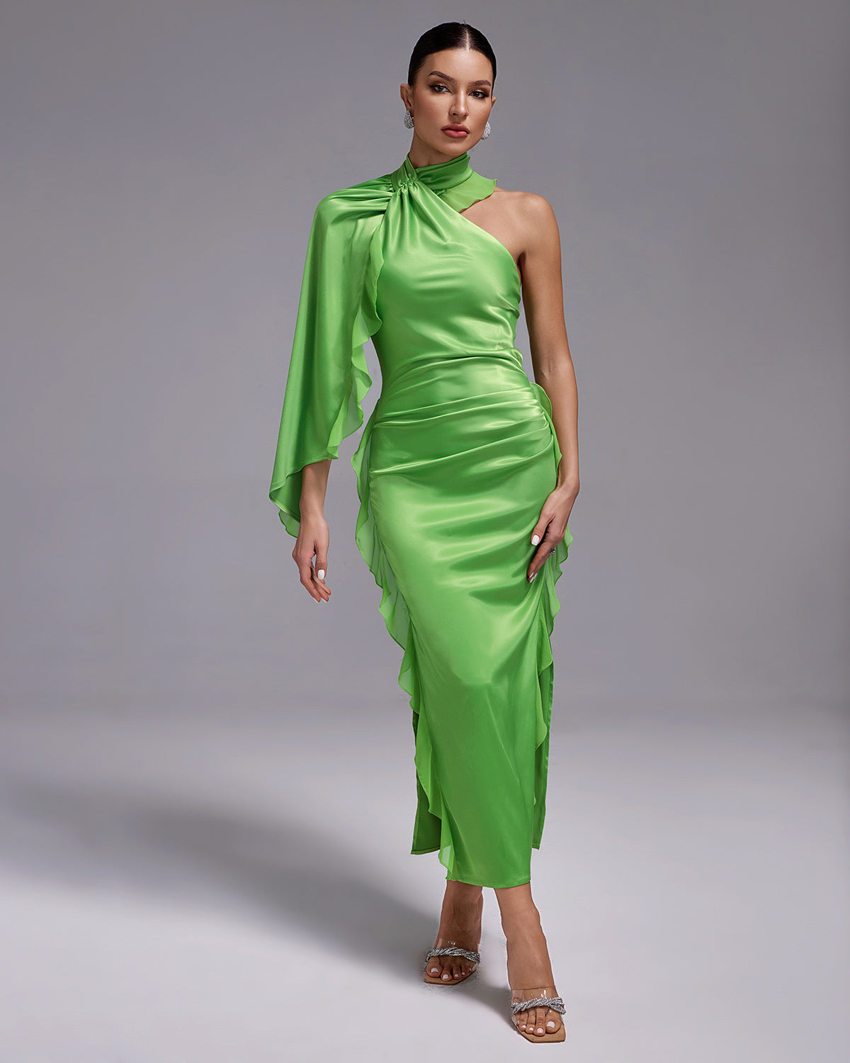 Green Satin One-Shoulder Ruffle Midi Dress