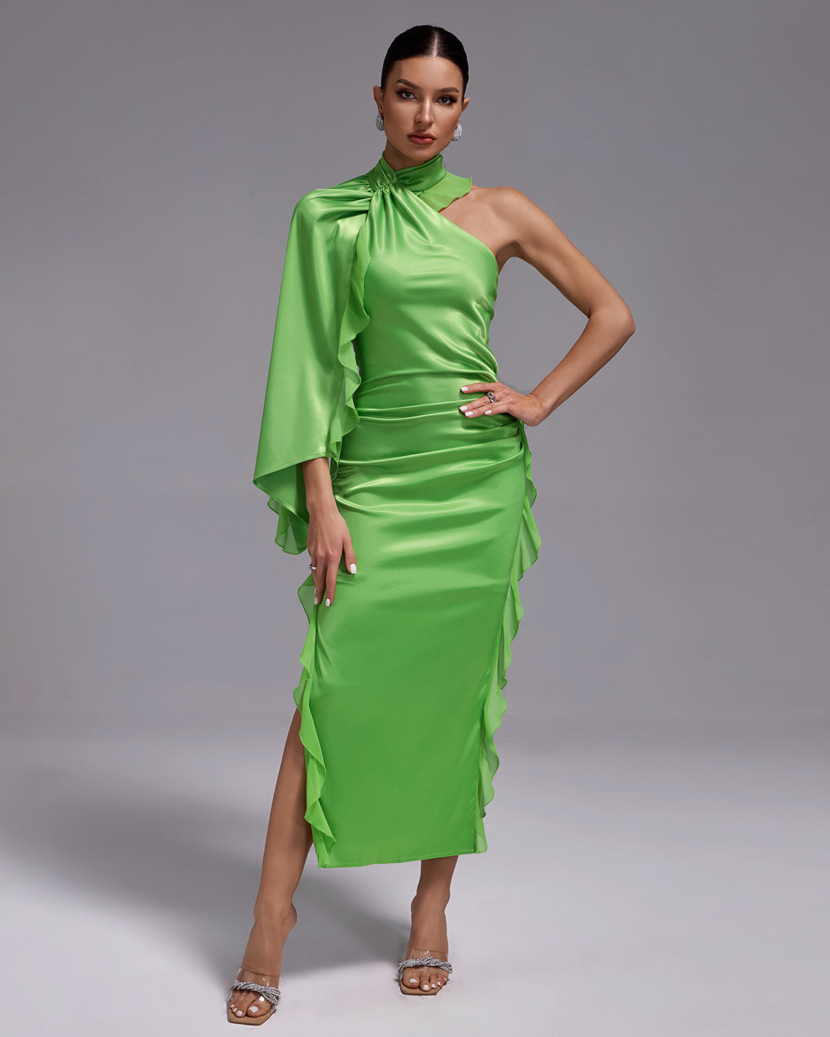 Green Satin One-Shoulder Ruffle Midi Dress