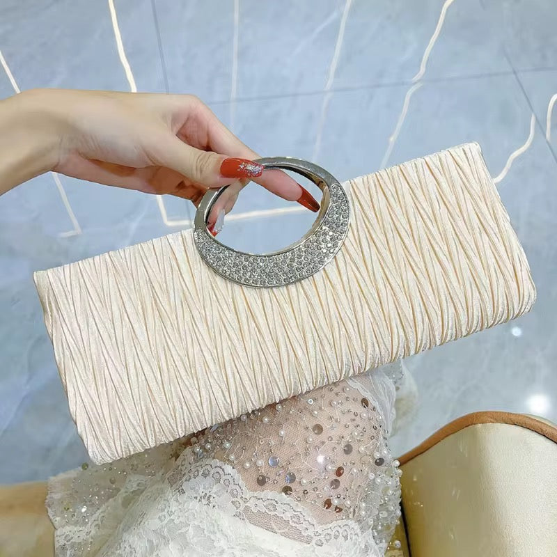 Elegant Pleated Evening Clutch with Rhinestone Handle