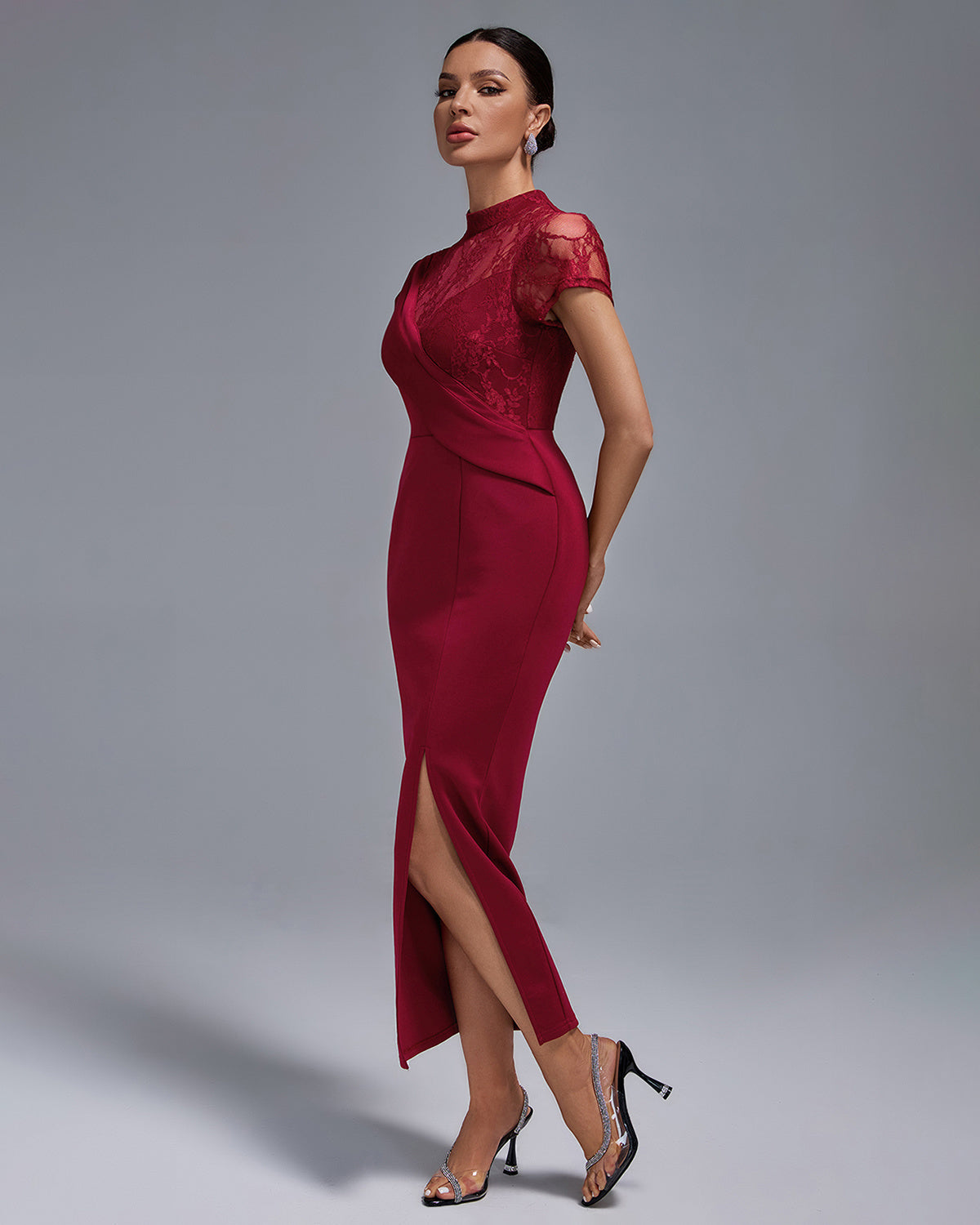 Wine Red Lace Panel Midi Dress