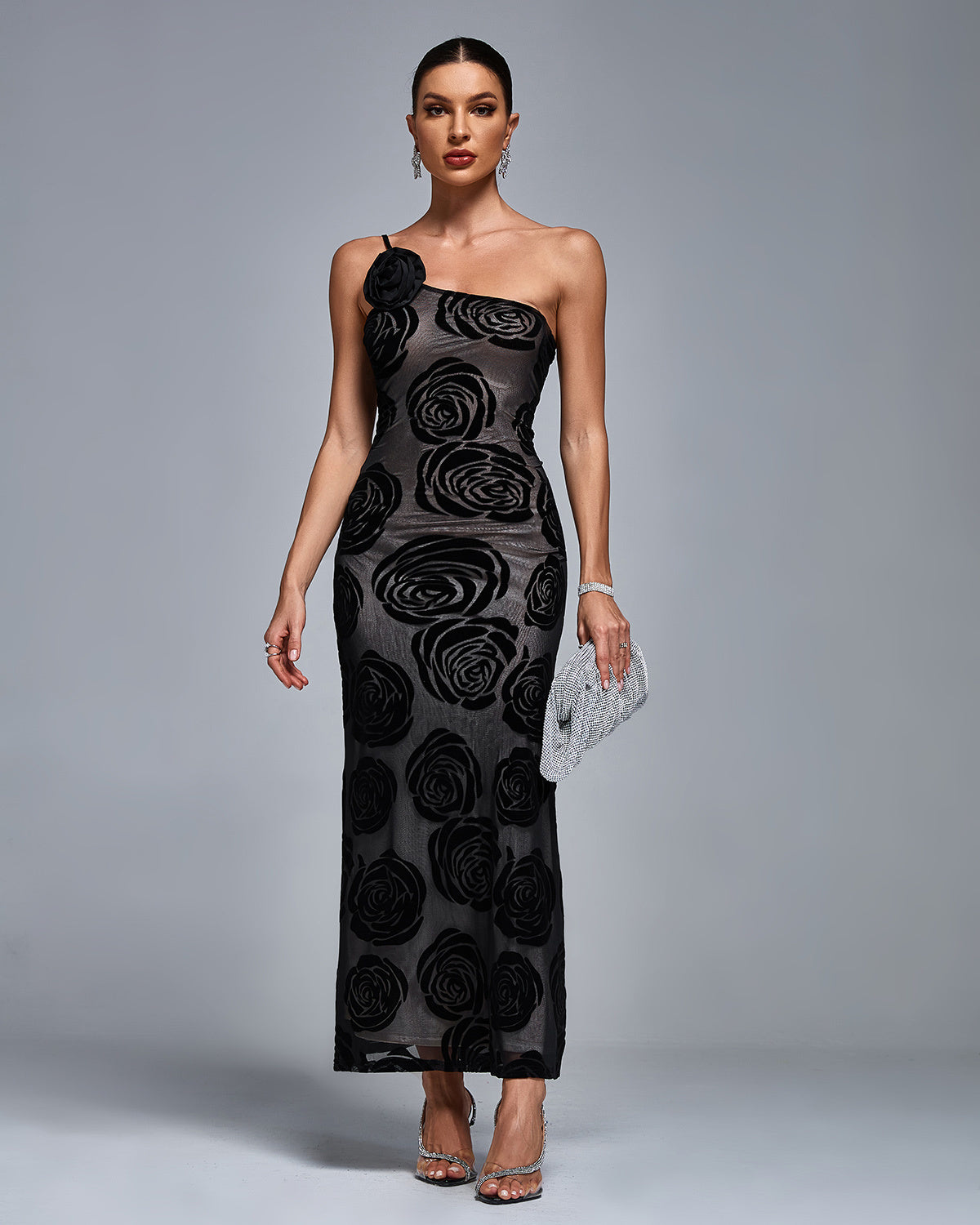 Black One-Shoulder Rose Maxi Dress – Elegant Evening Gown