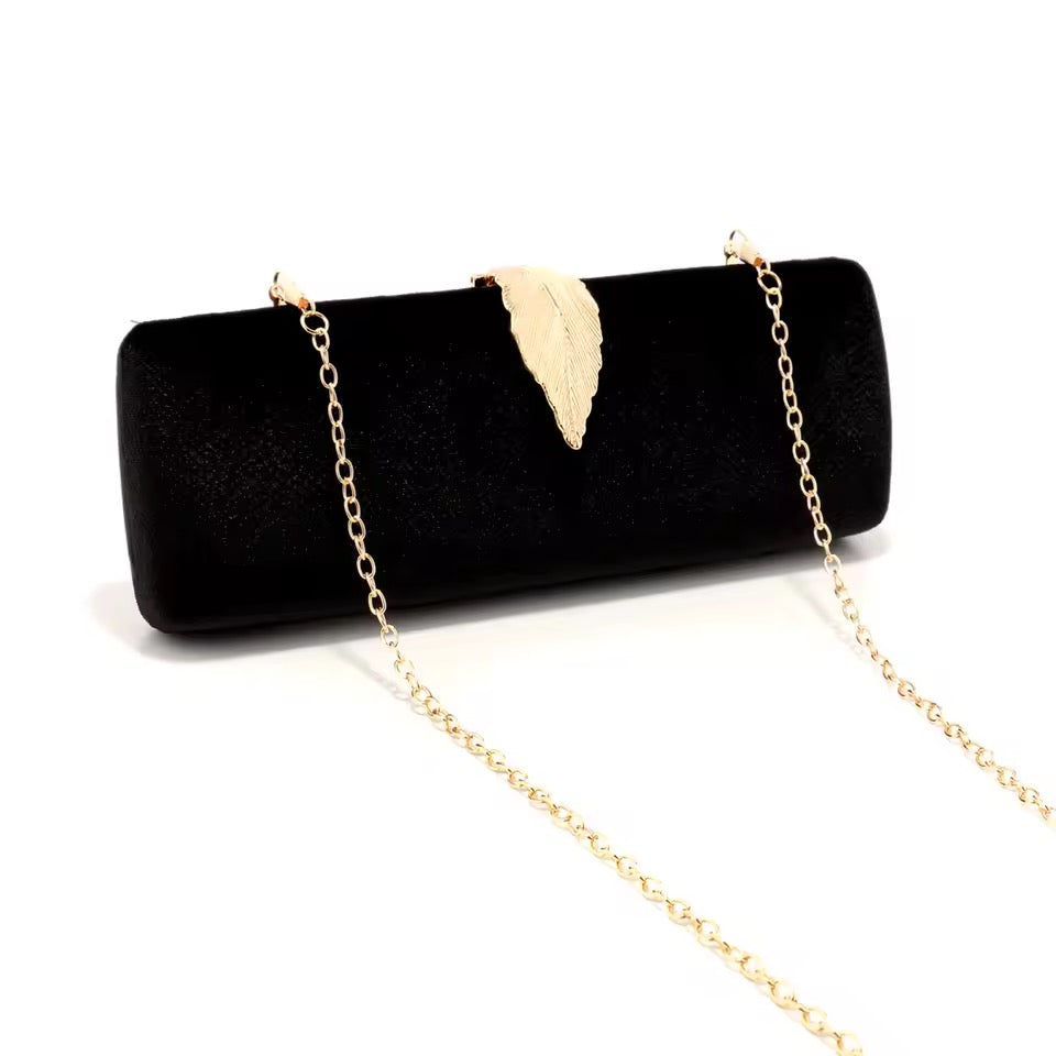 Elegant Black Velvet Clutch with Gold Leaf Accent