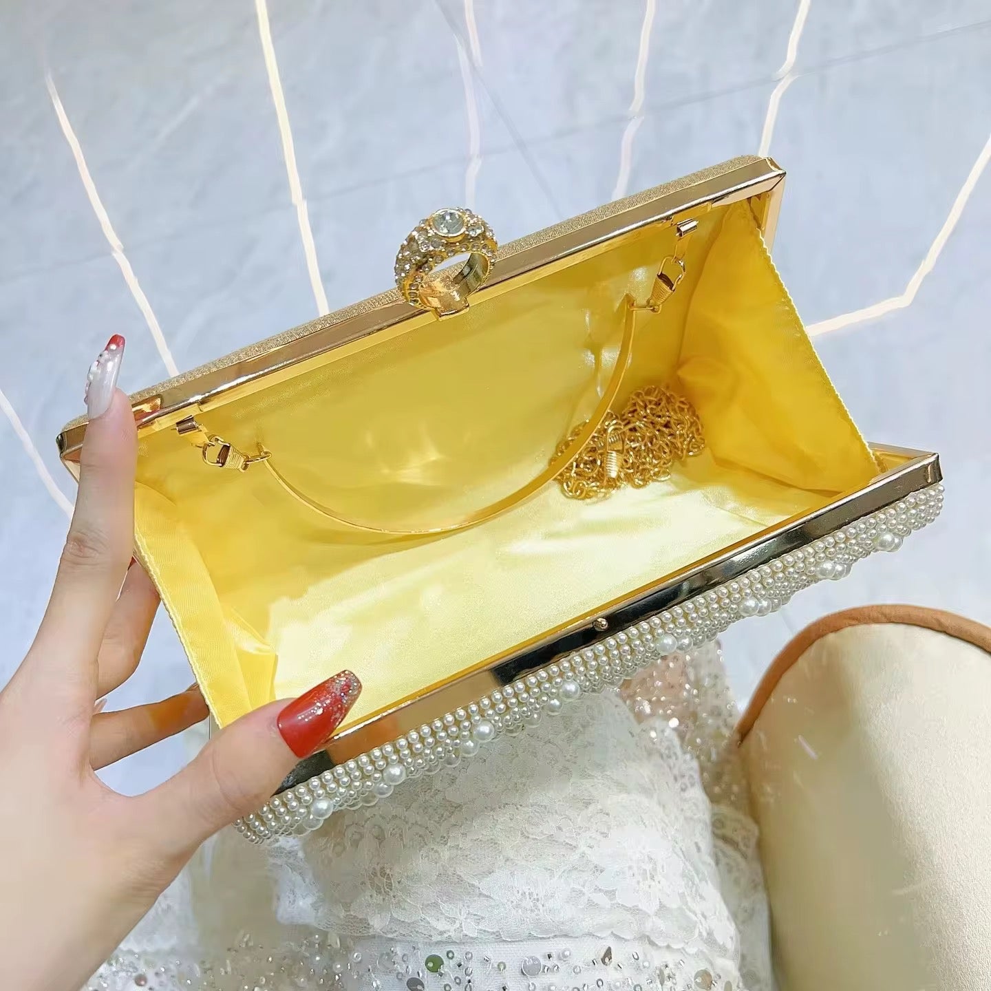 Pearl & Crystal Fringe Evening Clutch with Art Deco Detailing