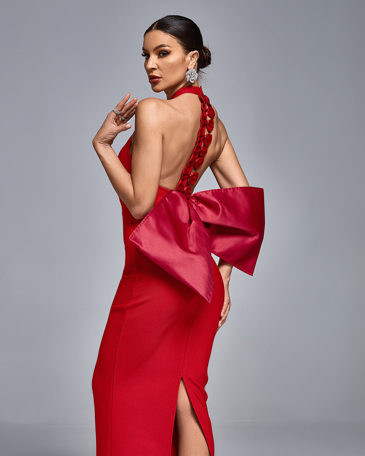 Red Halter Neck Bow Back Maxi Dress