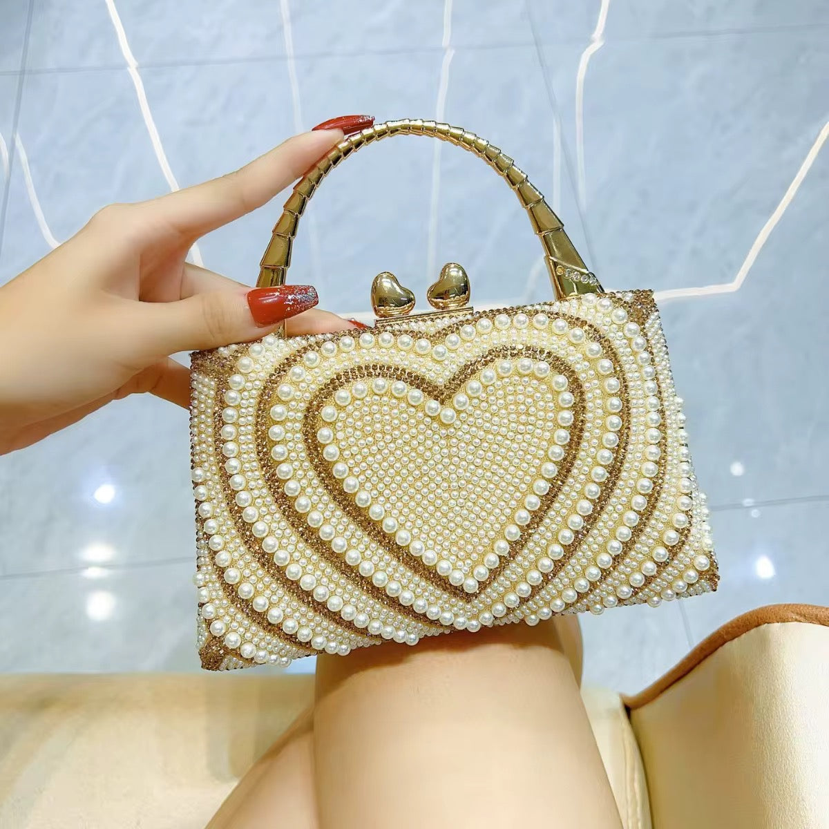 Heart-Embellished Pearl & Crystal Mini Top-Handle Bag