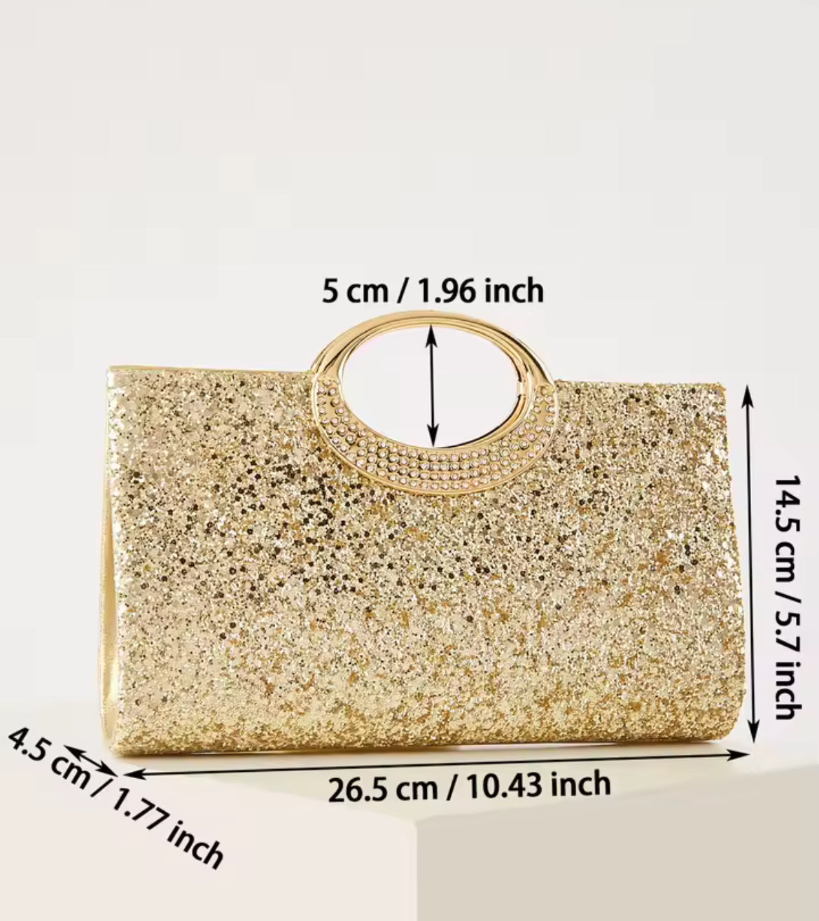 Gold Glitter Evening Clutch Bag with Elegant Round Handle