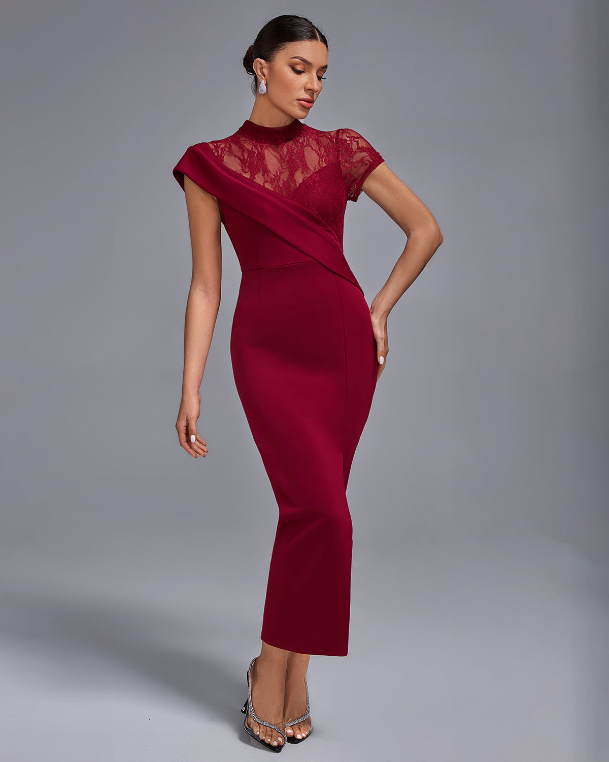 Wine Red Lace Panel Midi Dress
