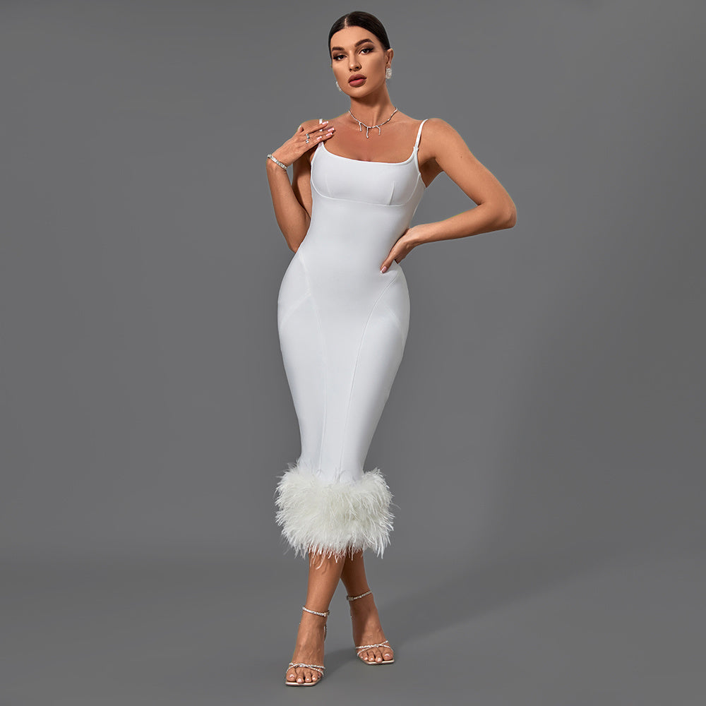 White Feather Hem Bodycon Midi Dress