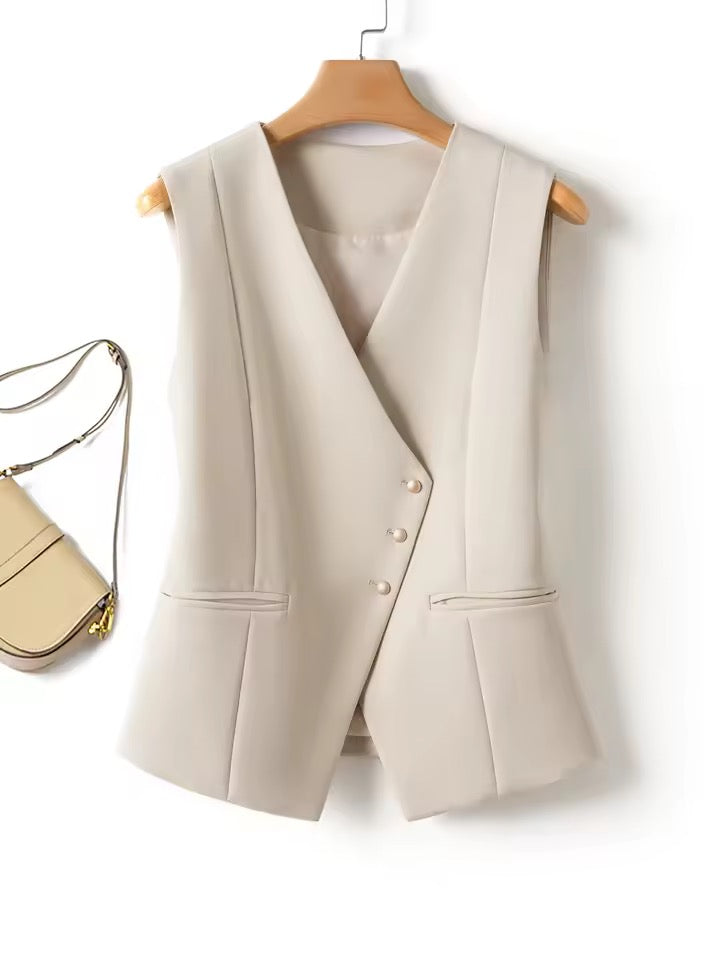 V-Neck Short Vest with Diagonal Buttons”