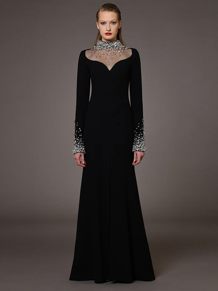 Black High-Neck Gown with Crystal Embellished