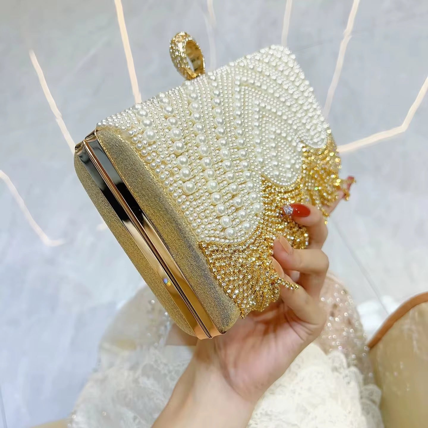 Pearl & Crystal Fringe Evening Clutch with Art Deco Detailing