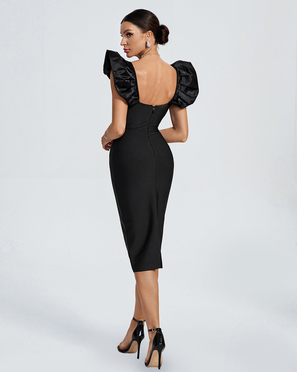 Bodycon Ruffle Sleeve Midi Dress Black