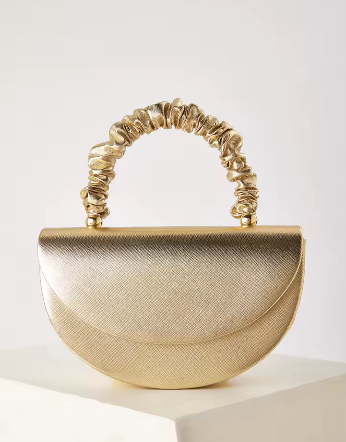 Gold Half-Moon Handbag – Elegant Ruched Handle Metallic Purse