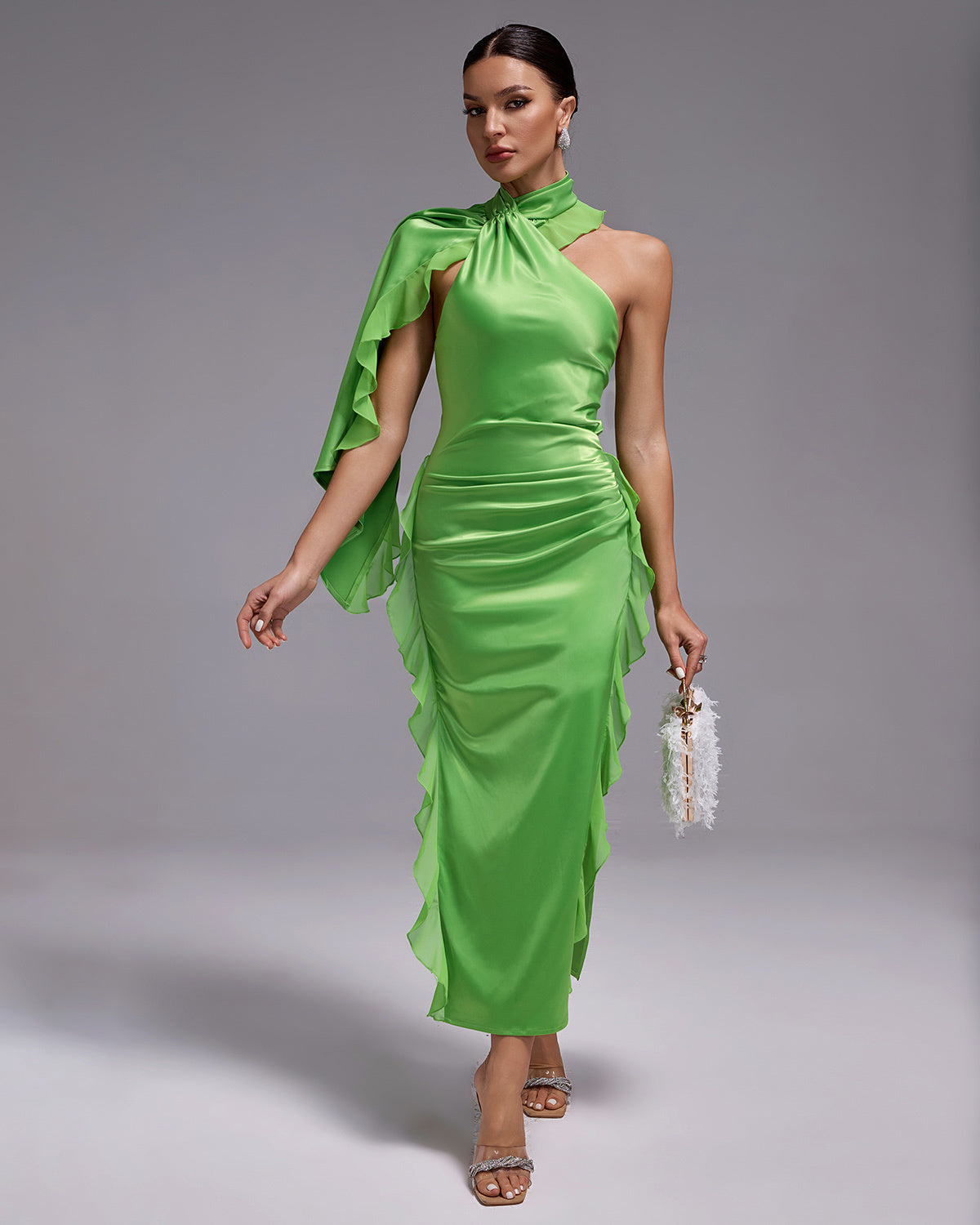 Green Satin One-Shoulder Ruffle Midi Dress