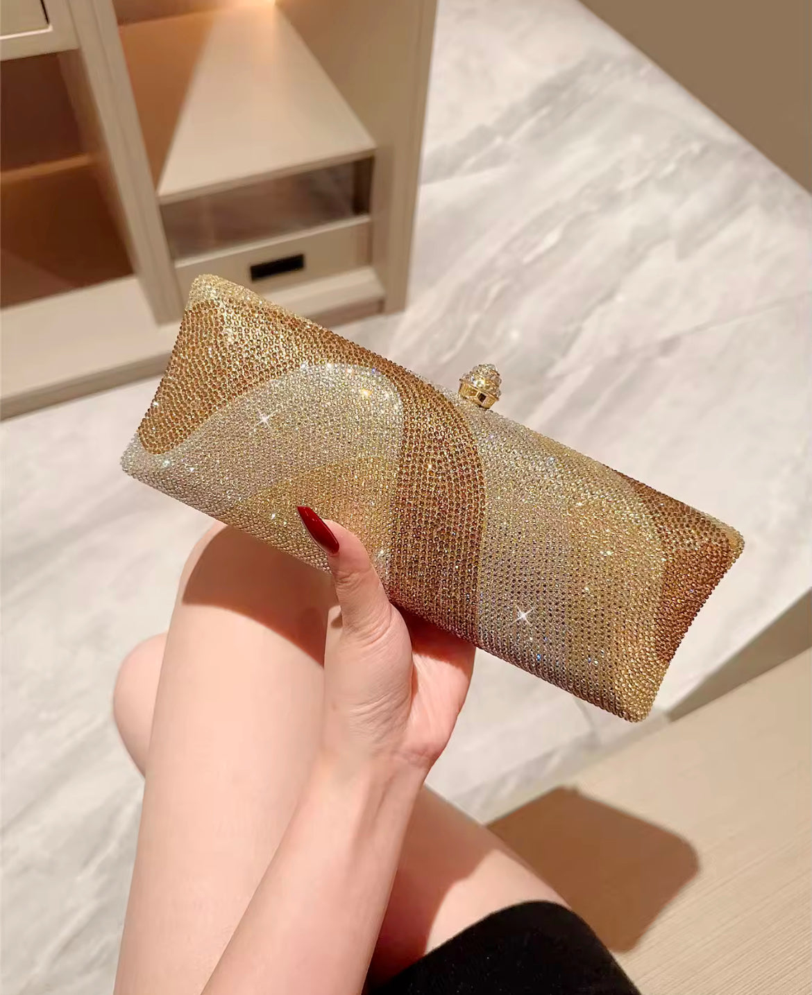 Luxury Gold & Silver Rhinestone Evening Clutch with Crystal Clasp