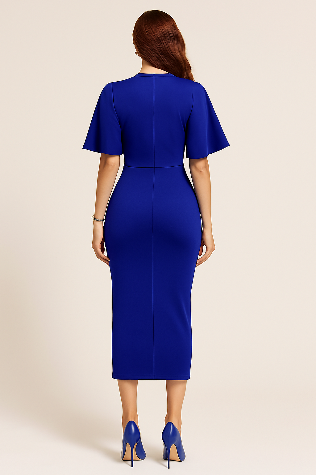 Royal Blue Midi Dress with Cape Sleeves and Matching Heels