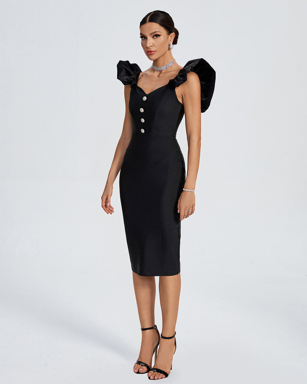 Bodycon Ruffle Sleeve Midi Dress Black