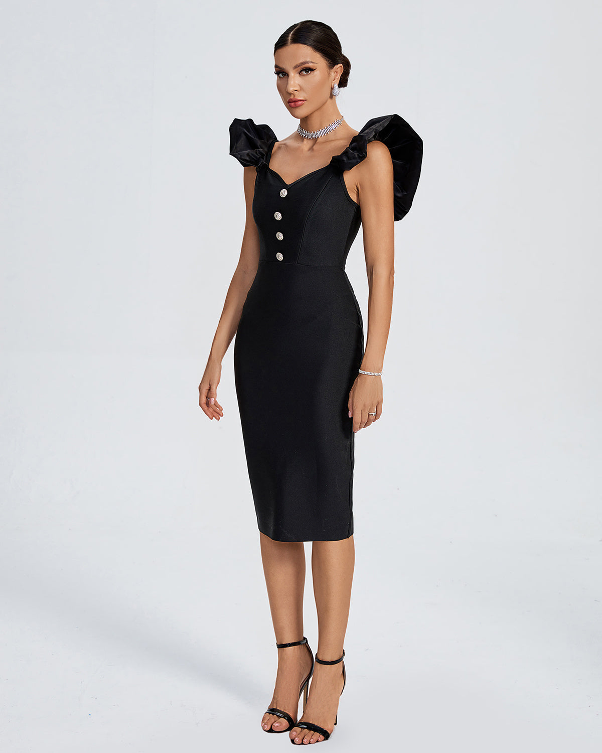 Bodycon Ruffle Sleeve Midi Dress Black