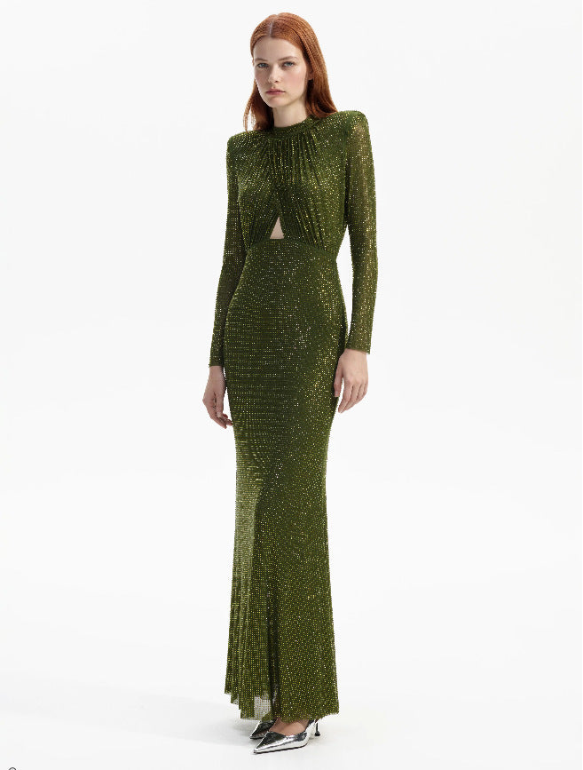 Olive Green Sparkle Maxi Gown –