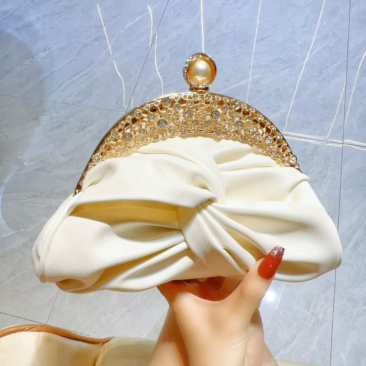 Luxury Satin Clutch Crystal-Studded Gold Frame & Pearl Clasp