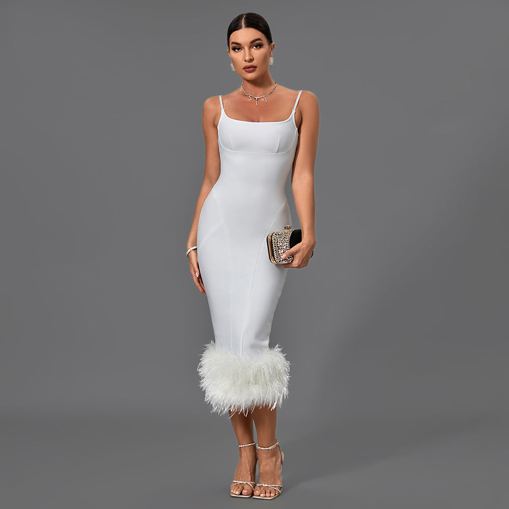 White Feather Hem Bodycon Midi Dress