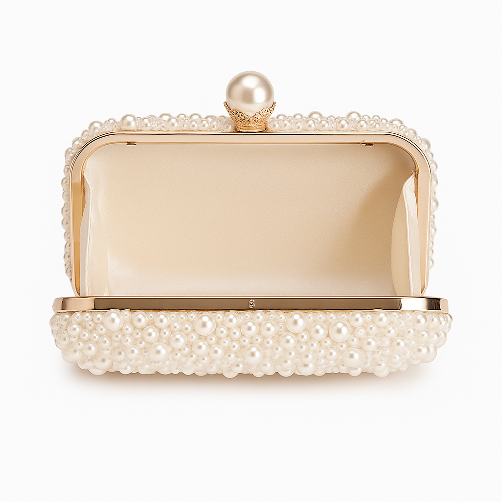 Pearl-beaded evening clutch with chain strap