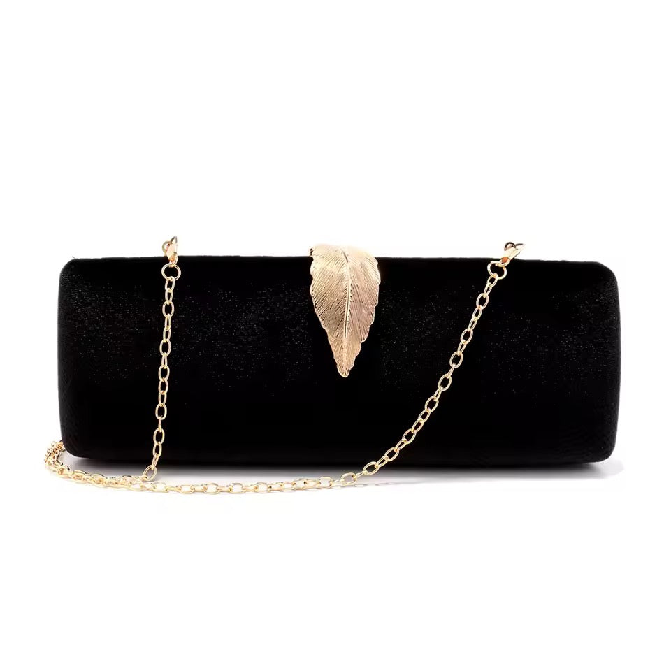 Elegant Black Velvet Clutch with Gold Leaf Accent