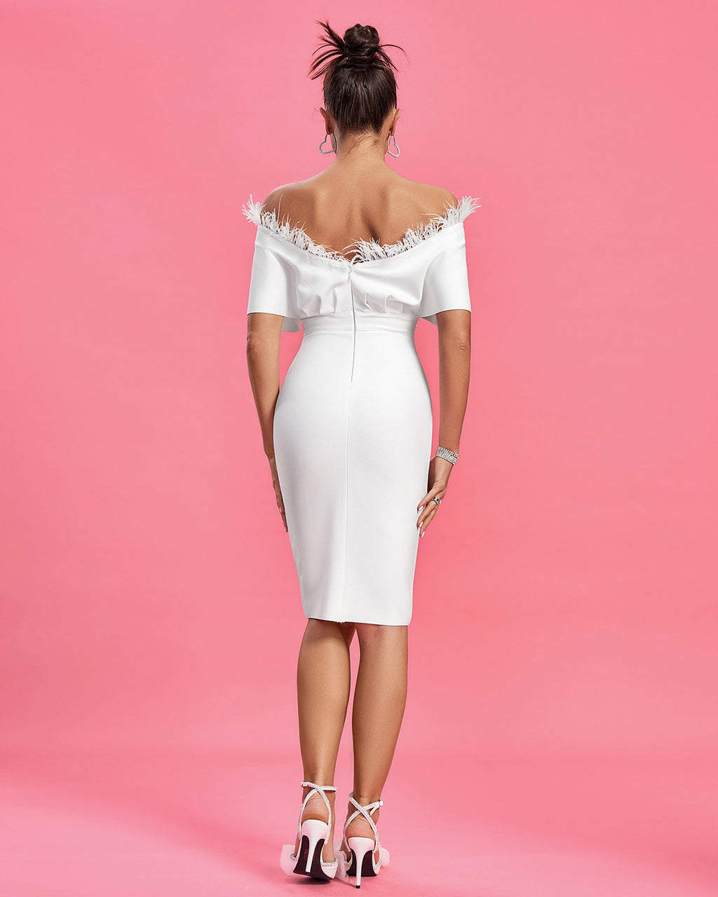 Off-Shoulder Feather Trim Midi Dress