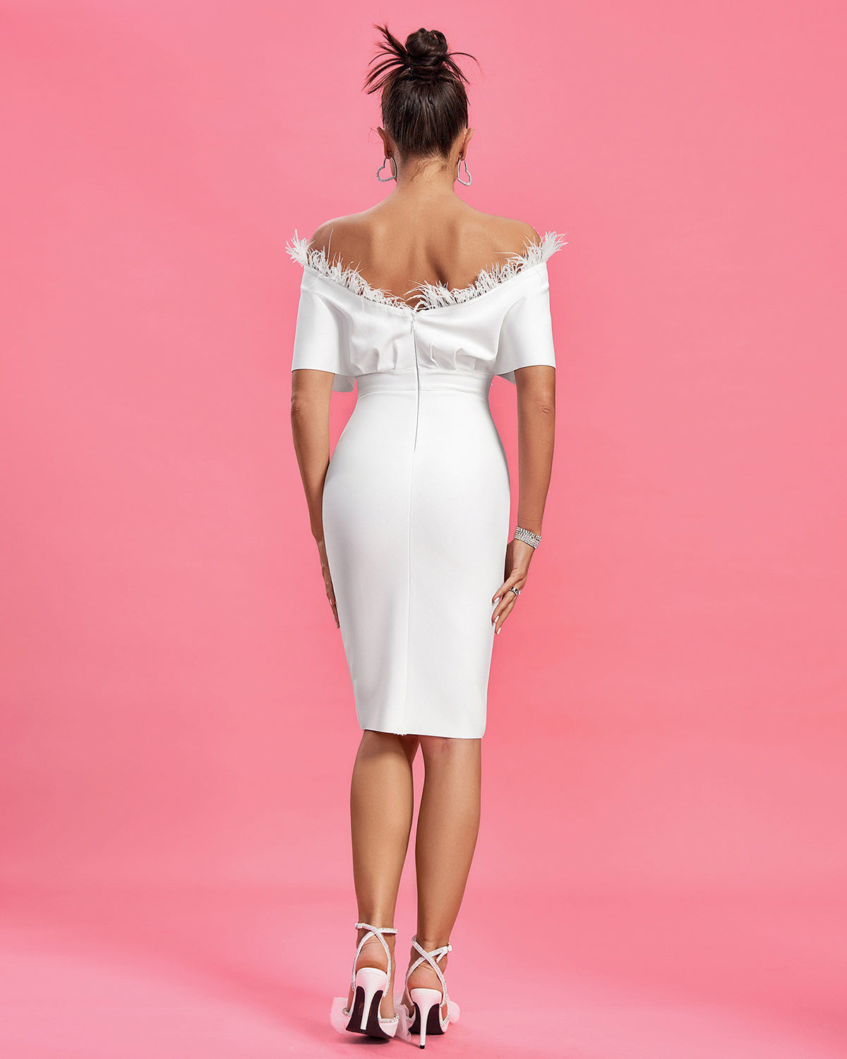 Off-Shoulder Feather Trim Midi Dress
