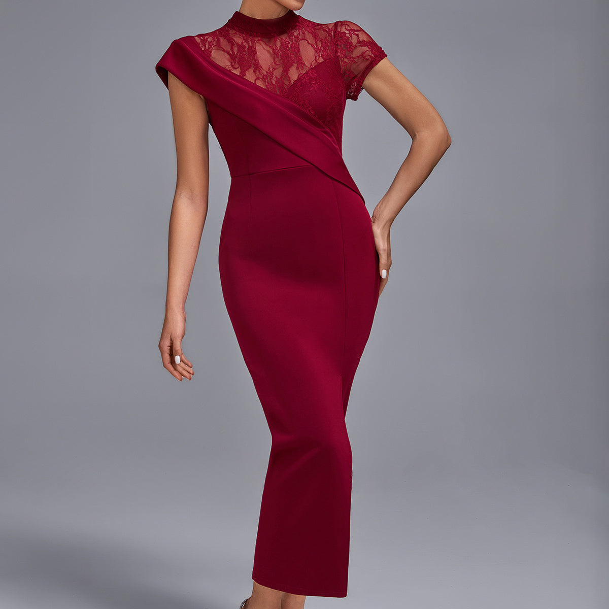 Wine Red Lace Panel Midi Dress