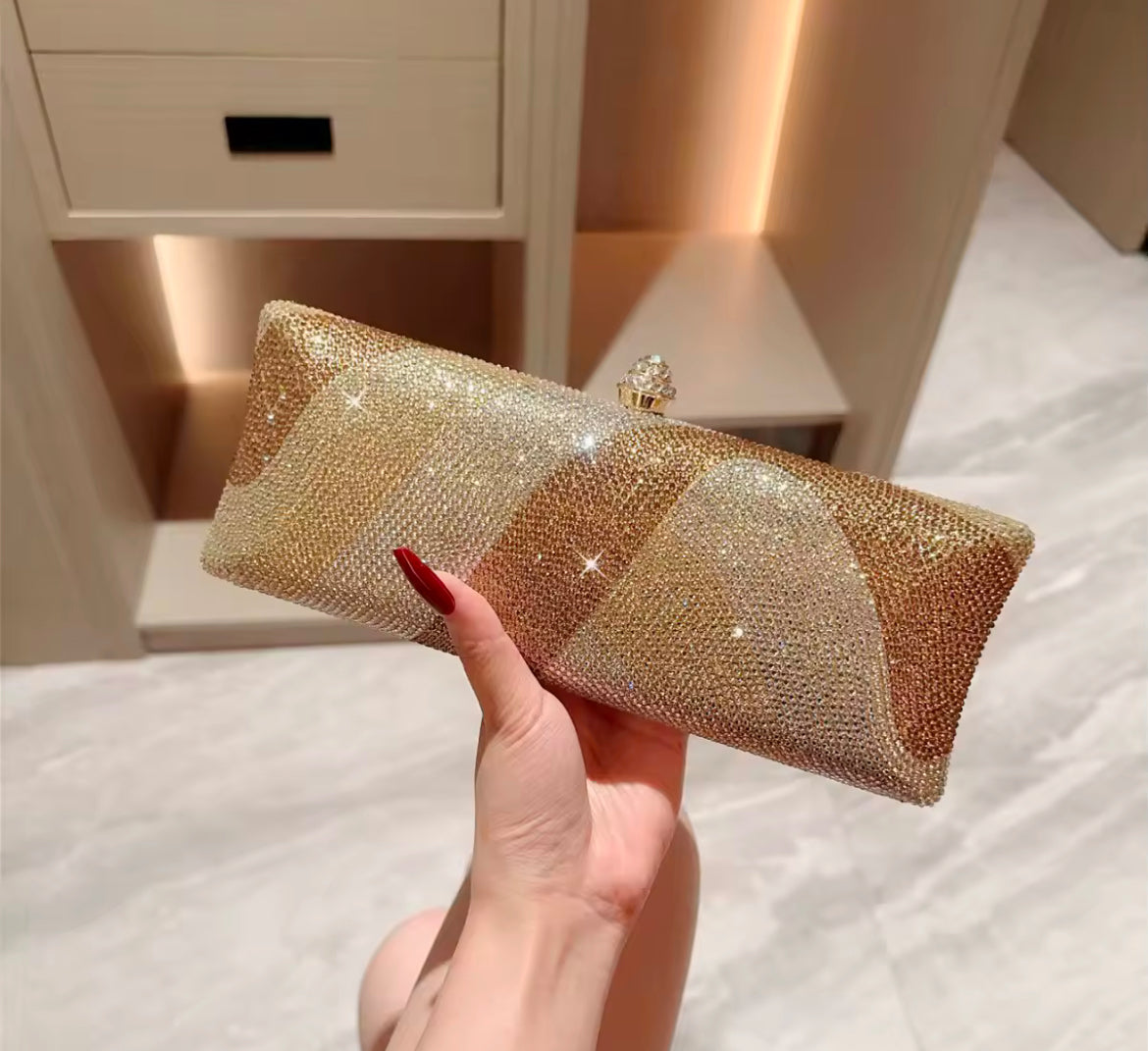 Luxury Gold & Silver Rhinestone Evening Clutch with Crystal Clasp