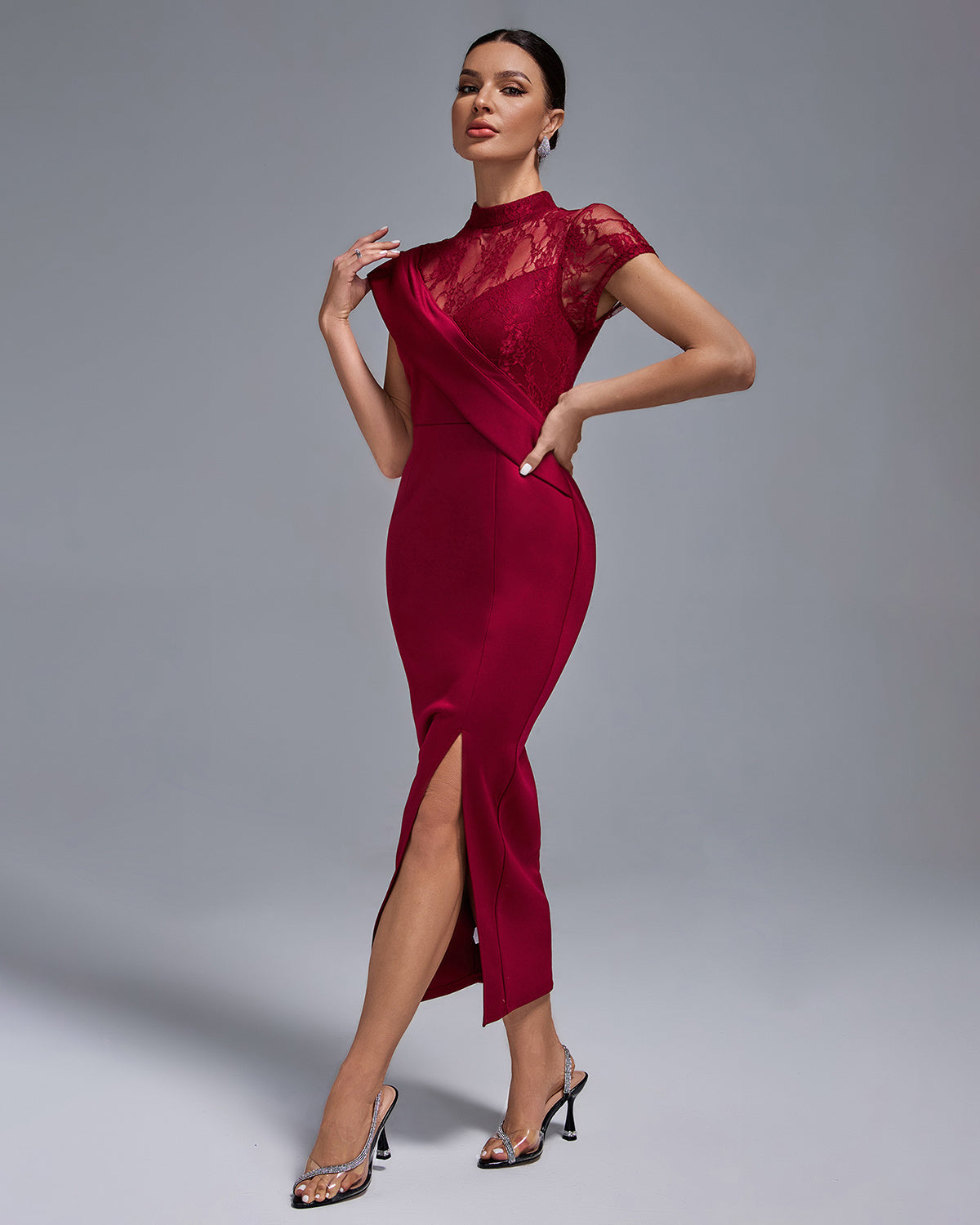 Wine Red Lace Panel Midi Dress