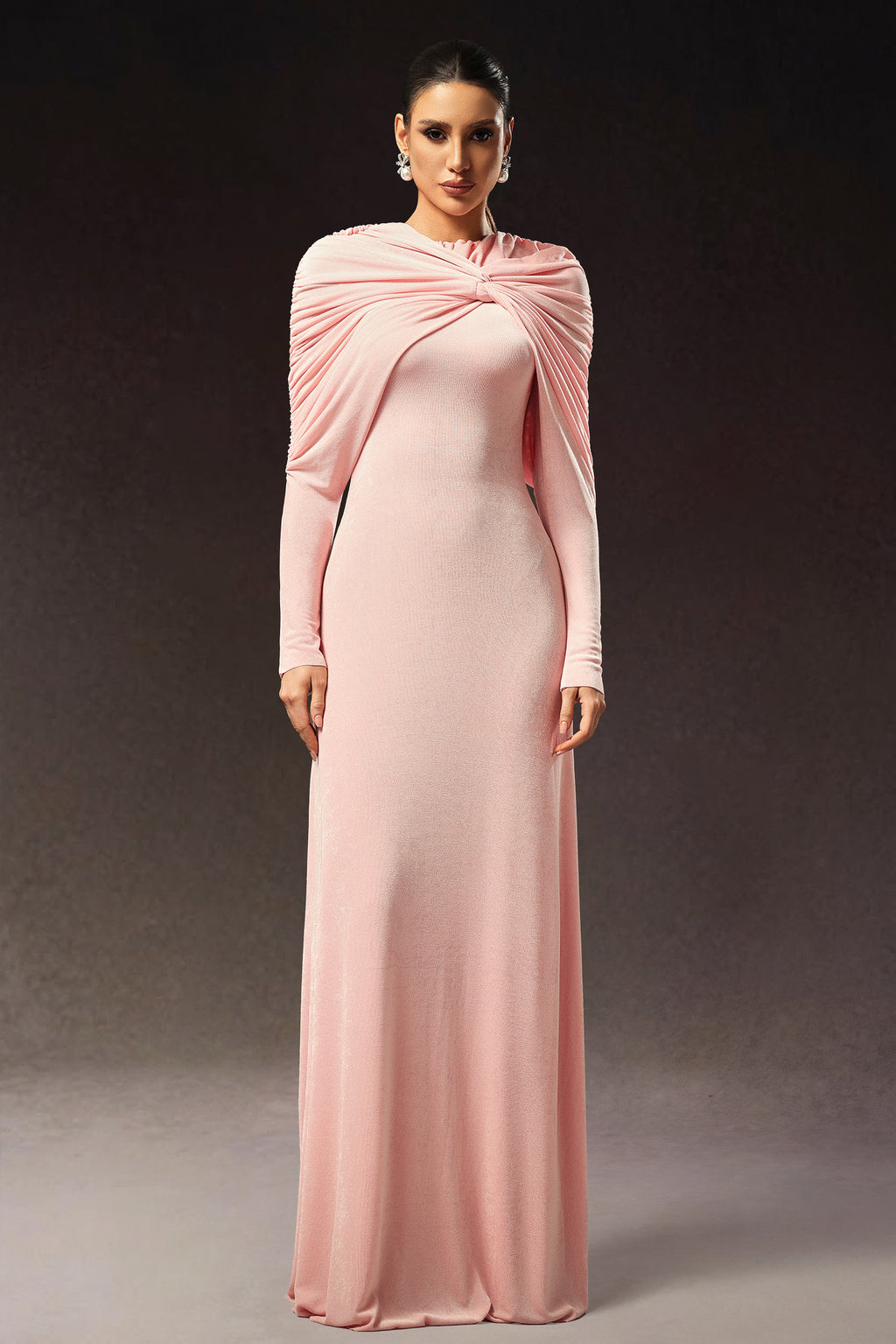 Blush Pink Draped Long Sleeve Gown