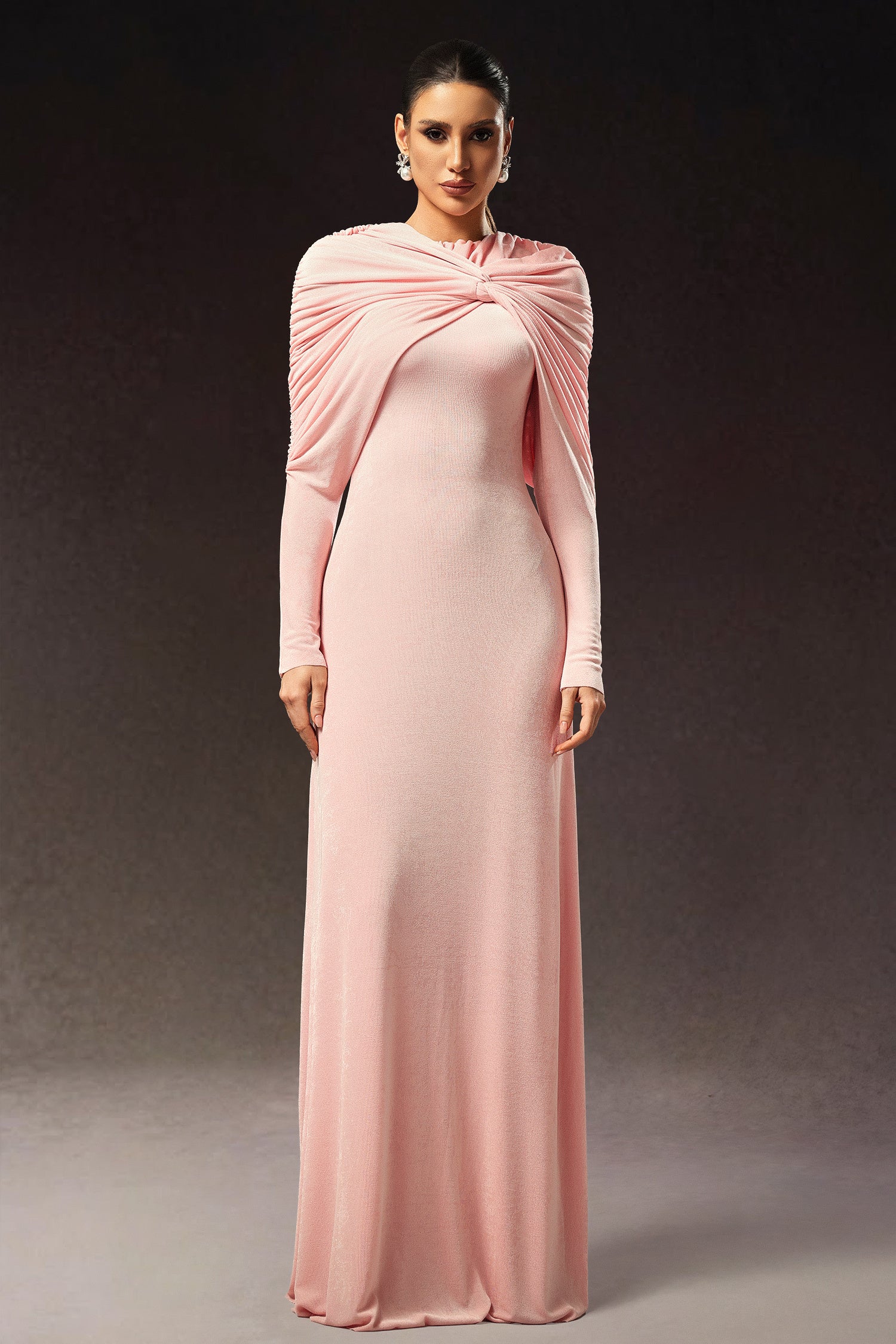 Blush Pink Draped Long Sleeve Gown