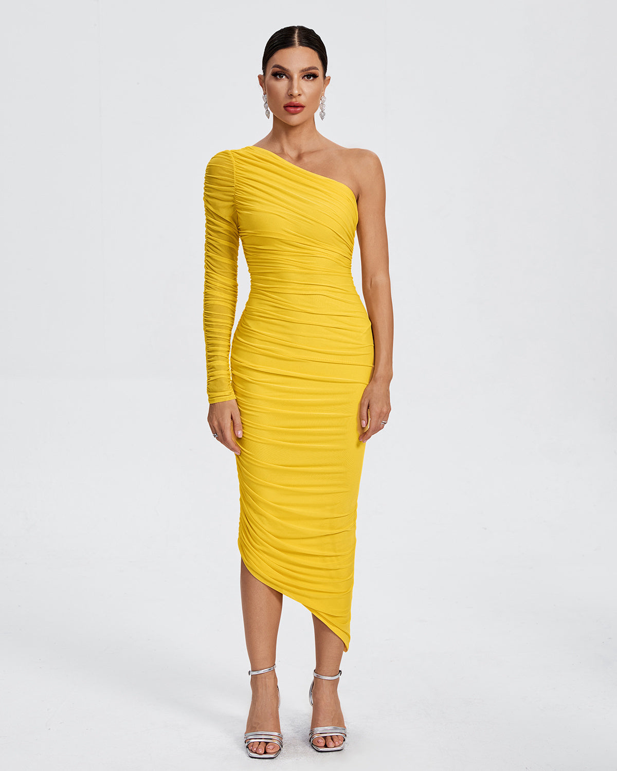 One-Shoulder Ruched Bodycon Midi Dress