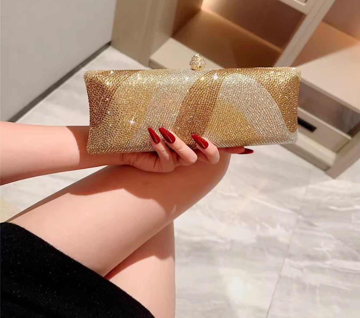 Luxury Gold & Silver Rhinestone Evening Clutch with Crystal Clasp