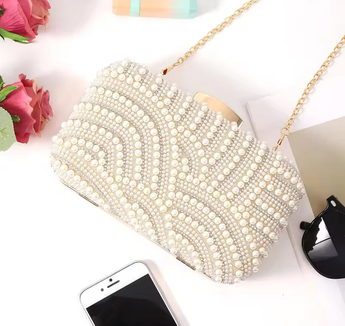 Luxury Pearl & Rhinestone Clutch Bag – Elegant Evening Handbag for Weddings & Parties