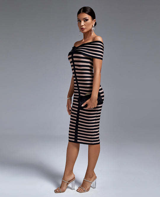 Striped Color Block Off-Shoulder Bandage Dress
